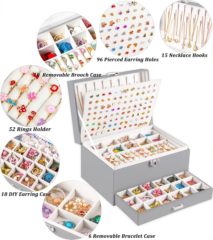QBestry Earring Jewelry Box for Women Girls Stud Organizers, 5 Layers Grey Jewelry Organizer Box with Lock Necklaces and Earrings Holder Jewelry Box with Earring Organizer for Women Girls Xmas Gifts - Image 2