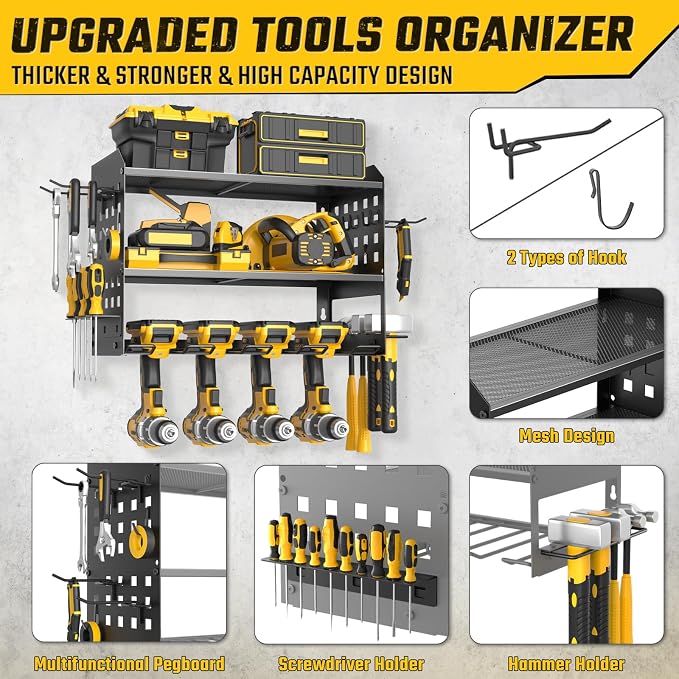 SUNALLY Power Tool Organizer, Heavy Duty Wall Mount Tool Organizer 3 Layers with 4 Drill Holders, Garage Tools Storage Rack with 2 Side Pegboards and Hooks for Workshop, Shed, Black - Image 5
