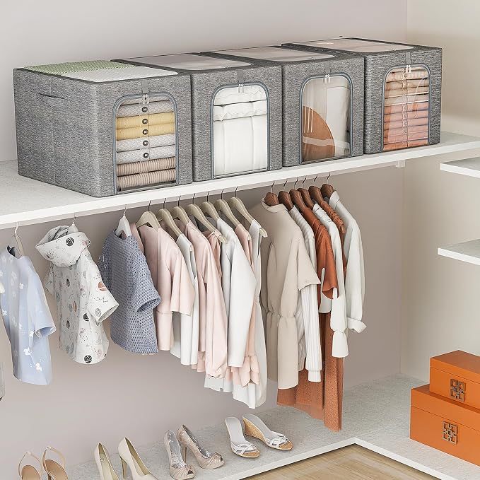 GoMaihe Clothes Storage Bin with Metal Frame: 4-Pack Stackable Closet Storage Bin with Lid & Clear Window, Sweater Boxes Storage for Closet Clothing Bedding Storage Organizer 40L - Image 7