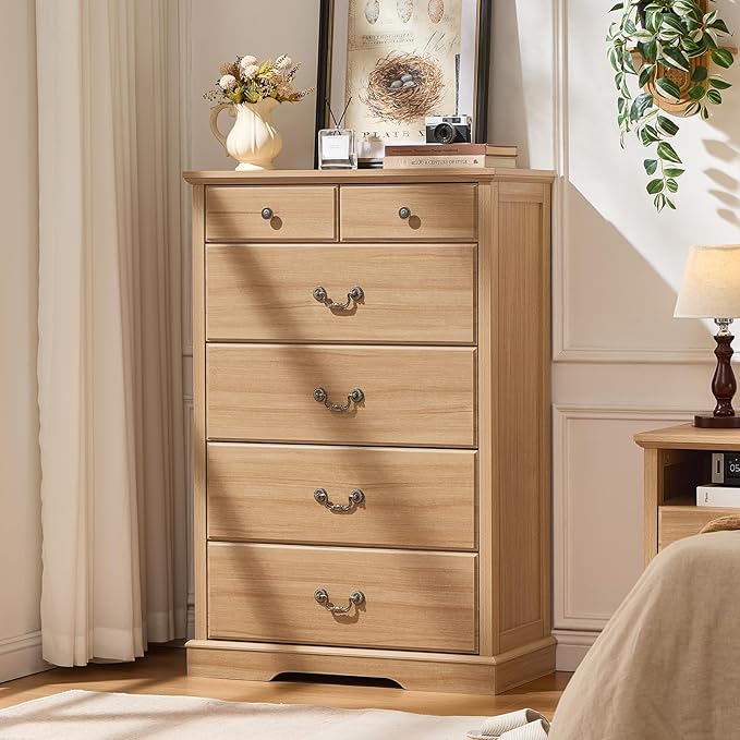 Farmhouse 6 Dressers & 2PCS Night Stand Set,47" Tall 6 Drawer Dresser 18" Wide 2 Drawers End Table with Charging Station,Furniture Dresser Sets for Home Natural