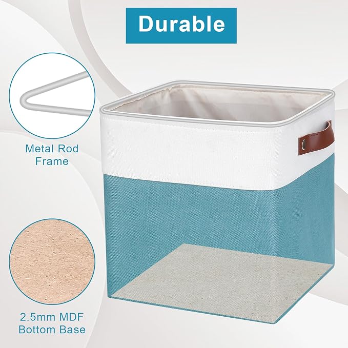 Bagnizer Collapsible Fabric Storage Cubes 11x11 Cube Storage Bins, 4 Pack Closet Baskets Box with Handles for Organizing, Shelf, Toys, Clothes, Home, Office, Nursery (Teal&White) - Image 5