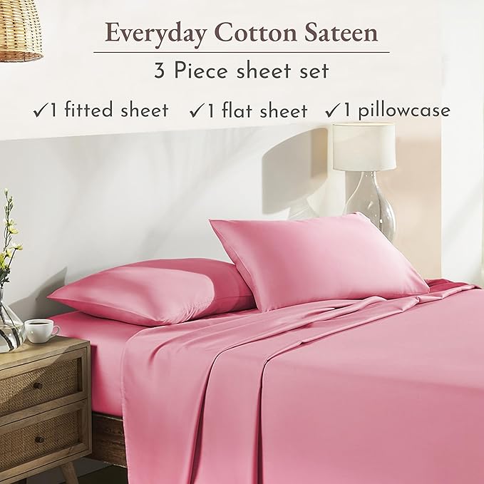 California Design Den Twin Bed Sheets Set - Natural 100% Cotton Sheet Set, Soft Sateen Weave, Fully Elasticized 12" Pockets, Breathable and Durable Bedding - Doll Pink
