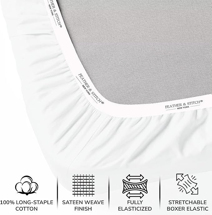 Feather & Stitch 500 TC Split King Size Sheet Set, 5 piece Bed Sheets Set-2 Twin Fitted Sheet, 1 King Flat Sheet & 2 King Pillowcases, 18" Deep Pockets Sateen Weave Solid Bedsheet - (Solid White)