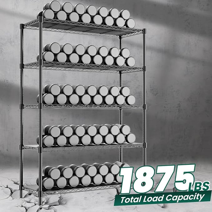 48" W Storage Shelves 1875LBS Metal Shelving, 5-Tier Adjustable Wire Shelving Unit with Liners, Heavy Duty Garage Shelving Steel Rack for Commercial Pantry, 48" W x 18" D x 72" H, Black - Image 5