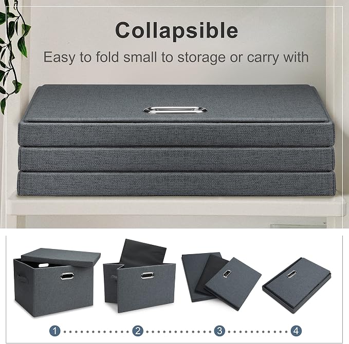 Graciadeco Large 17" 36 Quart Collapsible Stackable Storage Bins with Lids, 3 Packs Dark Gray Foldable Fabric Closet Storage Boxes with Lids, Heavy-duty Linen Cube Baskets(17x12x11) - Image 4