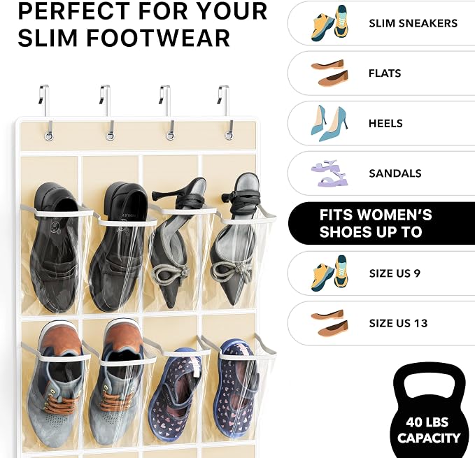 Simple Houseware 24 Pockets - Crystal Clear Over The Door Hanging Shoe Organizer, Beige (64'' x 19'') - Image 3
