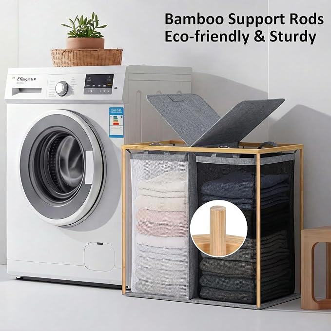 efluky Laundry Hamper with Lid, Double Laundry Hamper with 2 Removable Bags, 2 Section Laundry Basket with Bamboo Handles for Bathroom, Bedroom & Laundry Room, 140L (36.9 Gallon) Blue Grey - Image 3