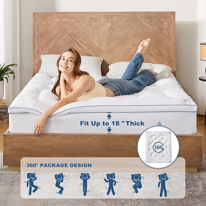 BEDLORE Queen Mattress Topper, Thick Pillow Top Bed Cover for Back Pain Relief, Soft Mattress Pad with Deep Pockets 6-18 inch
