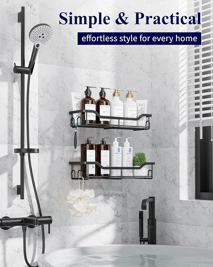 Kitsure Shower Caddy Large - Adhesive Shower Organizer, Stainless Steel Shelf for Inside Shower, No Drill Bathroom Organizers and Storage, Home Decor Accessories, 2 Pack, Black - Image 3