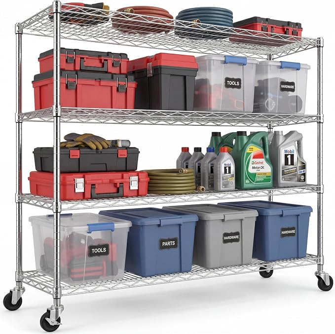 PrimeZone 4 Tier 55.5" Wx24 Dx76 H Wire Shelving with Wheels 2400lbs NSF Certified Storage Shelves Heavy Duty Metal Shelf Adjustable Rolling Rack Commercial Garage Restaurant Warehouse Kitchen Chrome by PrimeZone