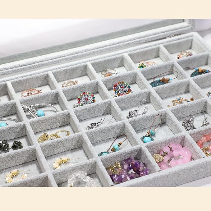 Stratalife Jewelry Organizer Jewelry Holder Storage Earring Organizer Box Tray with Lid Velvet Earring Display for Drawer 30 Grid Grey - Image 2