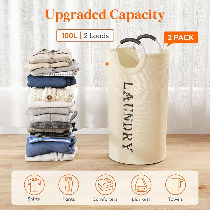 Lifewit 100L 2-Pack Large Laundry Basket, Collapsible Laundry Hamper with Aluminum Handles, Waterproof Freestanding Dirty Clothes Hampers for Laundry Room Bedroom Dorm Bathroom, White - Image 4