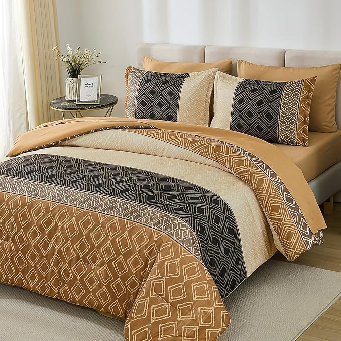Dinjoy Boho Queen Comforter Set Brown,7 Piece Bed in a Bag Queen Size Warm Fall Bedding Sets Striped Comforters Bed Set with Sheets for Family All Season