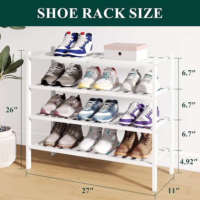 Smiry Bamboo Shoe Rack for Closet, 4 Tier Wooden Stackable Shoe Organizer, Free Standing Shoes Storage Shelf for Entryway, Front Door Entrance, White - Image 2