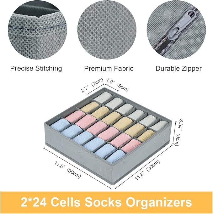 Joyoldelf Sock Drawer Organizer Divider 2 Packs Underwear Organizer, 24 Cell Closet Organizers and Storage Organizer Sock Holders Organizers for Storing Socks, Handkerchiefs, Ties, Belts (Grey) - Image 4