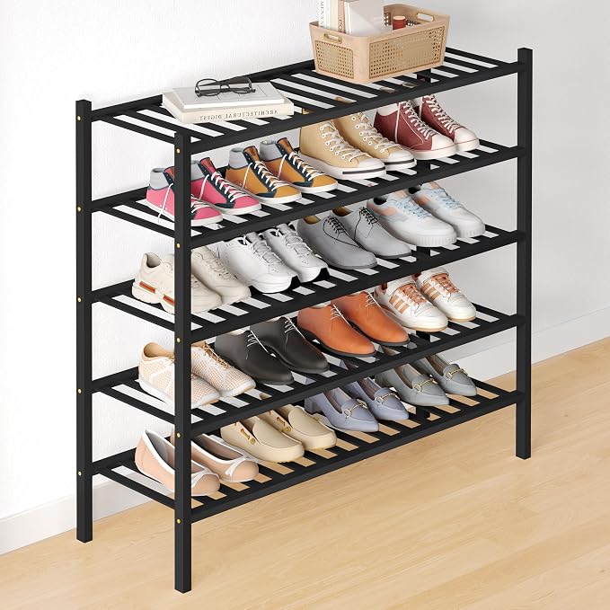 Smiry Bamboo Shoe Rack for Closet, 5 Tier Long Wooden Stackable Shoe Organizer, Free Standing Shoes Storage Shelf for Entryway, Front Door Entrance, Black by Smiry