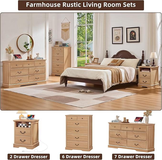 Farmhouse Dressers & Night Stand Set of 3,54" Wide 7 Drawer Dresser & 45" Tall Chest of Drawers, 18" Wide 2 Drawers End Table with Charging Station,Furniture Dresser Sets for Home,Natural
