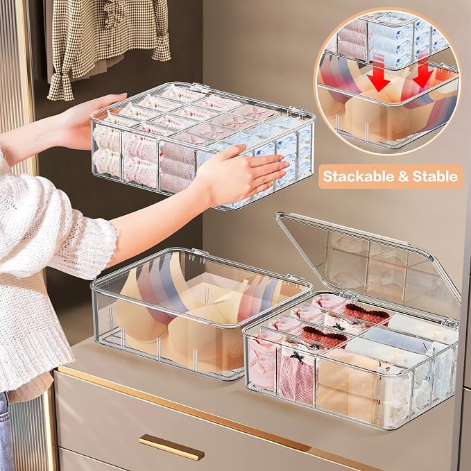 Sock Underwear Organizer, 16 Compartment Adjustable Dividers Tie Socks Underwear Drawer Organizers for Closet, Clear Plastic Storage Containers Box with Lids for Ties Scarf Socks Bras - Image 8