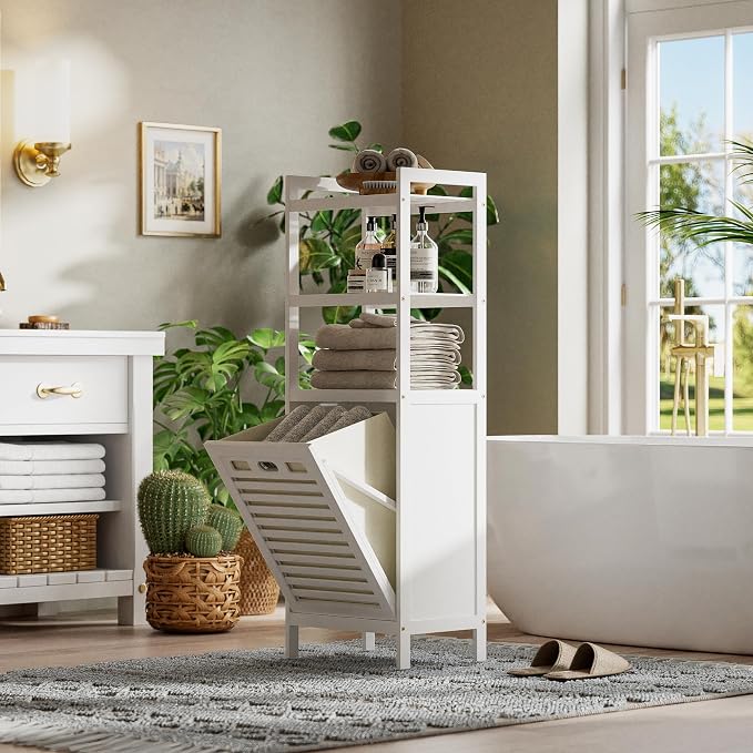 HITNET Bamboo Tilt Out Hamper, 10 Gal Bathroom Laundry Cabinet with Hidden Foldable Basket, Freestanding Clothes Storage Organizer with Storage Shelf, White - Image 8