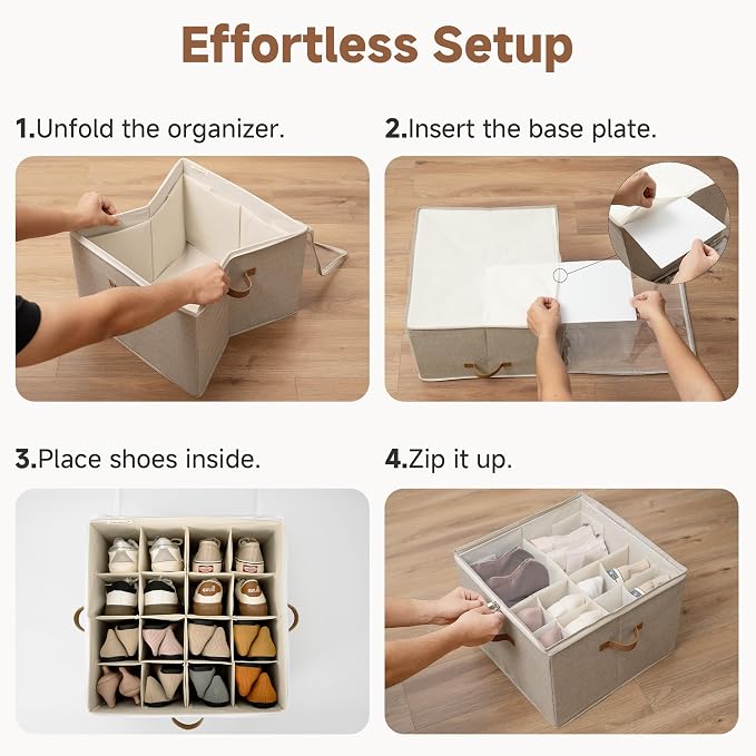 StorageWorks 2 Pack Shoe Organizer for Closet, Foldable Shoe Storage Box with Adjustable Dividers, Shoe Boxes Organizer for Entryway, Closet Shoes Organizer for Sandals, Sneakers, Fits 32 Pairs, Taupe - Image 7