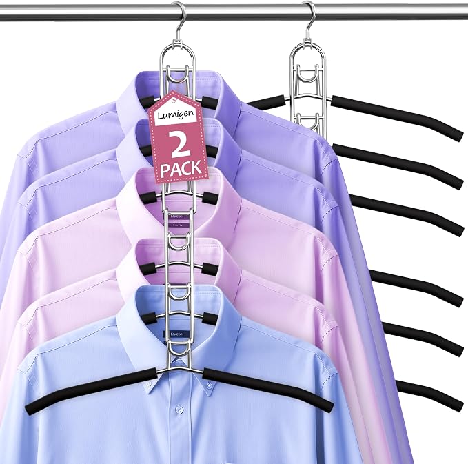 Clothes Hangers Space Saving, Newly Upgraded Detachable Shirt Hangers, 6-Tier Foldable Coat Hanger with 360° Swivel Hook for Closet Organizers and Storage Shirt,Sweater,Suit - 2 Pack, Patent Pending by Lumigens