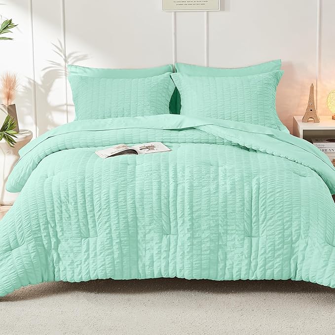 HYMOKEGE Mint Green California King Comforter Set Seersucker 7 Pieces, All Season Luxury Bed in a Bag for Bedroom, Bedding Set with Comforter, Sheets, Pillowcases & Shams