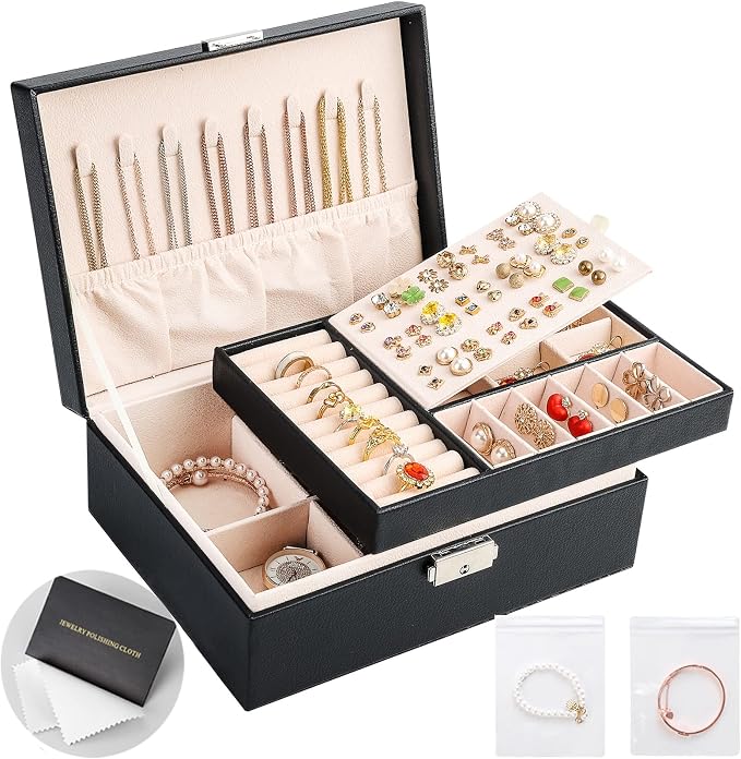 Jewelry Boxes for Women Girls 2 Layers leather Jewelry Organizer Case with Lock Storage Box Removable Tray for Necklace Earring Ring with Polishing Cloth and Jewelry Bags by SANIKEON
