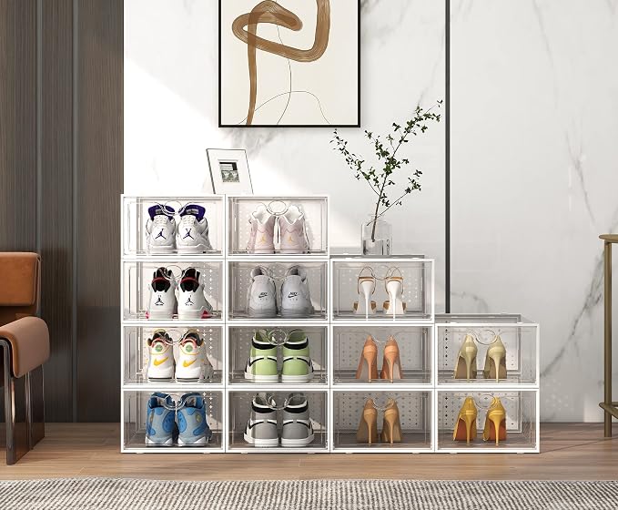 Pinkpum XXL Larger Shoe Storage Boxes Fit Size 14, Clear Plastic Stackable Shoe Organizer 12 Pack Sneaker Storage for Sneakerheads Shoe Containers - Image 7