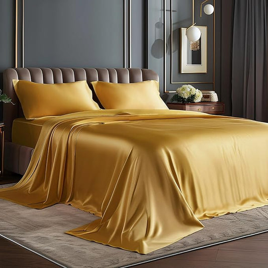 BEDELITE Satin Sheets Twin XL Size Bed Set, Luxury Soft Gold Silky Sheets for Hair and Skin, Similar to Silk Bed Sheets Set 3 Pieces with 1 Deep Pocket Fitted Sheet, 1 Flat Sheet, and 1 Pillowcase