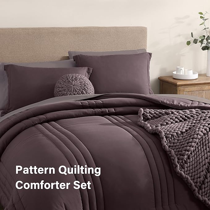 Monbix California King Size Comforter Set - 7 Pieces Bed in a Bag California King, Plum Bedding Sets with Comforter, All Seasons Comforter Bed Set with Sheets, Pillowcases & Shams