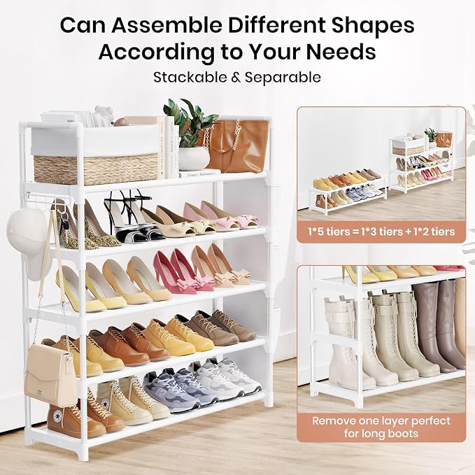 VILICK Shoe Rack for Closet Shoe Organizer Space Saver Storage for 20-25 Pair Shoe Shelf with Hook and Side Pocket Free Standing 5 Tier Shoe Rack Organizer for Entryway,Small Spaces, White - Image 5