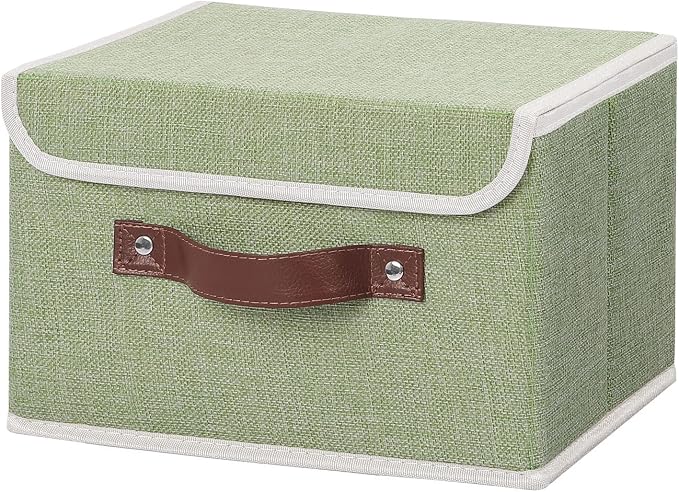 ANMINY Storage Bin with Lid Storage Boxes with PU Leather Handles PP Plastic Board Decorative Foldable Lidded Cotton Linen Fabric Home Cubes Baskets Closet Organizer Container - Green, Small Size by ANMINY