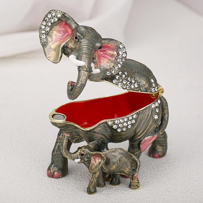 Hand Painted Animal Trinket Box for Home Decor, Hinged Jewelry Organizer Storage, Unique Personalized Collectible Keepsake Figurine Handmade Decorative Ornament Gifts (Mom & Baby Elephant) - Image 3