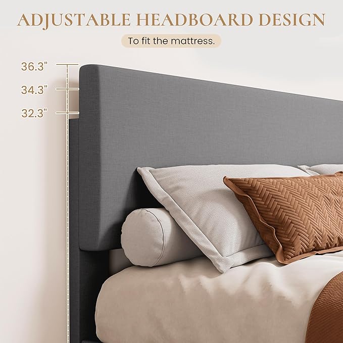 SHA CERLIN Light Grey King Platform Upholstered Bed Frame with Adjustable Headboard, Wood Slats Support, No Box Spring Needed, Easy Assembly, Easy Clean Up