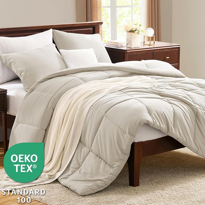 CozyLux Full Size Comforter Sets - Beige Comforter Full Size, 3 Pieces Box Stitched Bed Set for All Seasons, Soft Lightweight Bedding Sets with 1 Down Alternative Comforter and 2 Pillow Shams