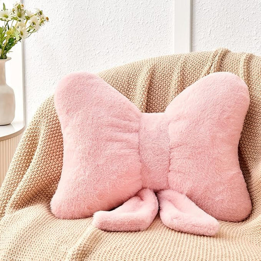 Pink Bow Pillow,16'' Bow Decorative Pillows with Faux Rabbit Fur,Soft Bow Throw Pillows Aesthetic Bow Shaped Pillow for Bed Sofa Couch Home Decor