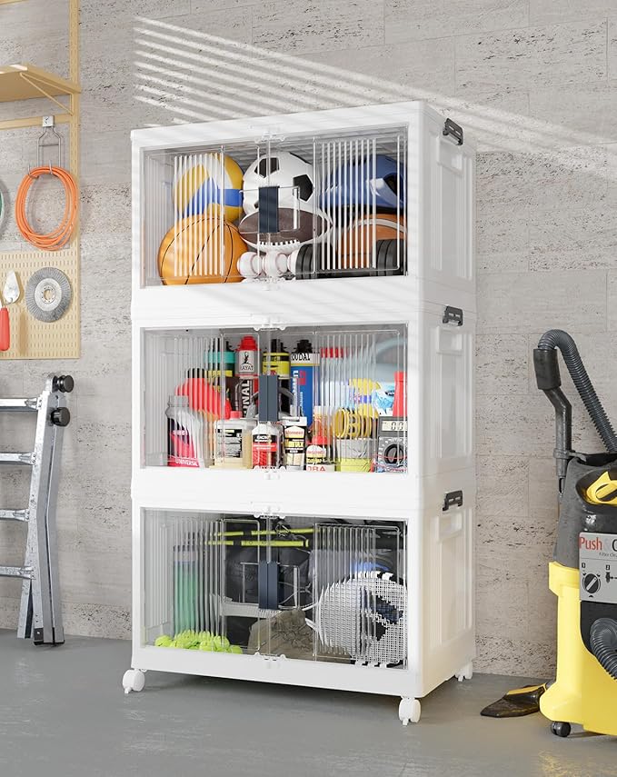 OlarHike 97QT Stackable Storage Bins with Lids - Folding Storage Box with Doors and Wheels, Collapsible Plastic Storage Drawers for Closets and Organization, Garage, 3 Pack Cubes, Gifts for Family by OlarHike