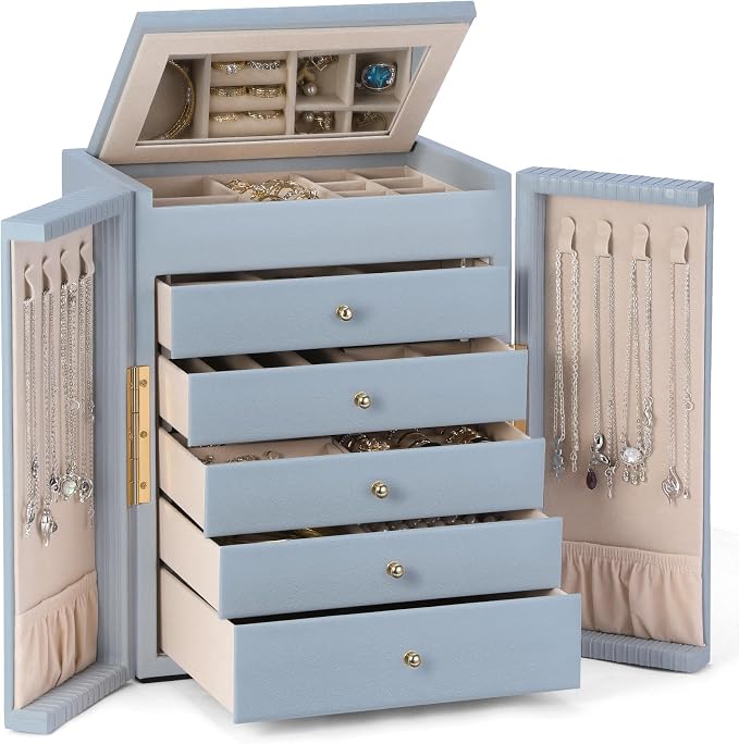 Dajasan Large Jewelry Organizer Box with Mirror, Jewelry Storage Organizer with 5 Drawers, 6-Tier Jewelry Gift Box for Women, Girls, Friends, Wife or Mother, Gift Idea (Smoky Blue) by DAJASAN