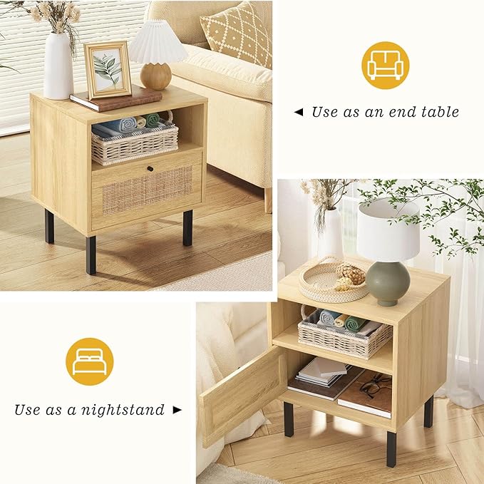 Angel Sar Rattan Nightstands Set of 2, Boho Night Stand with 1 Door, Accent End Table, Wood Bediside Table with Metal Legs&Open Shelf, Natural Wood