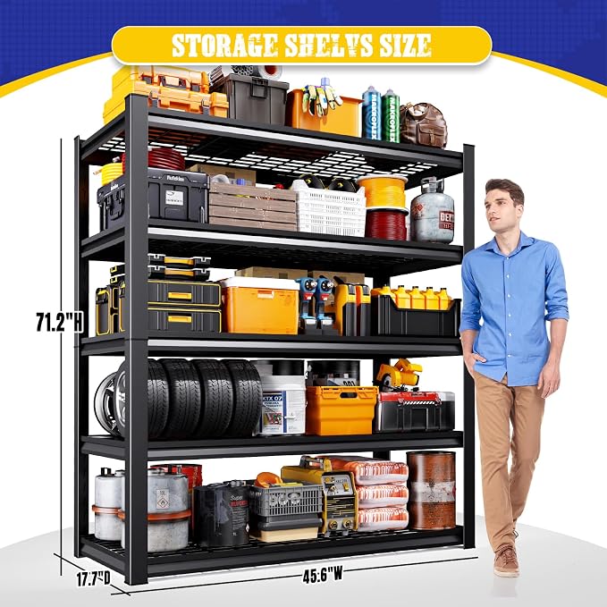 Set of 3 Garage Shelving Heavy Duty Storage Shelves, 5-Tier Adjustable Metal Shelving Unit, Utility Garage Organizer Shelf for Basement, Pantry, Kitchen, Warehouse,17.7" D x 45.6" W x 71.2" H - Image 3
