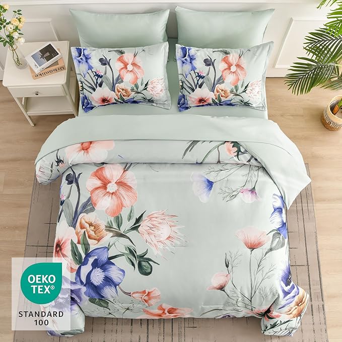 Luxudecor Floral Comforter Set King Size 7 Piece, Green Flower Bed in a Bag, Elegant Comforter Bedding Set for All Season (Green, 104"x90")