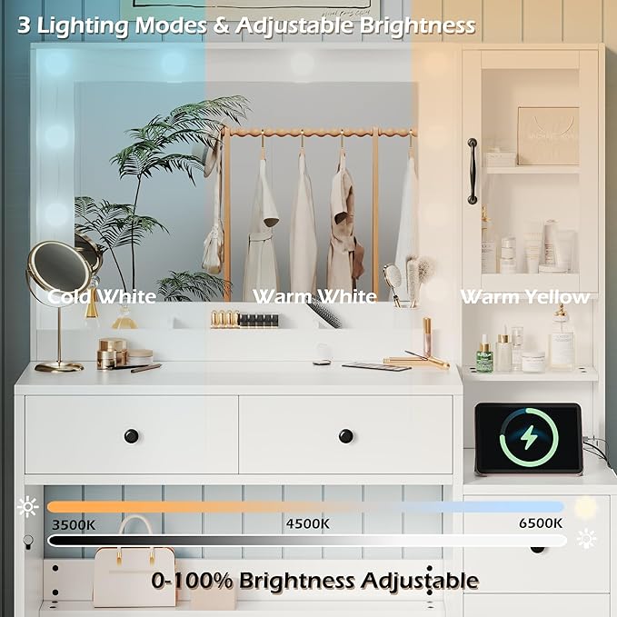 UGTOO White Vanity Table with Drawer Dresser, Farmhouse Vanity Makeup Desk with Charging Station, Vanity Desk with Lights Mirror & Drawers for Makeup, Vanity Desk with Storage Shelf & 5 Drawers