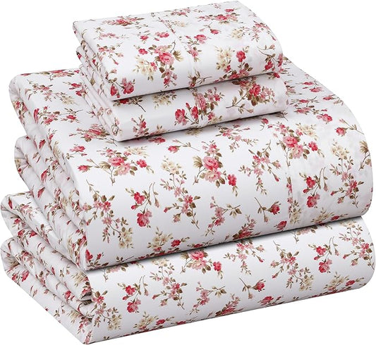 RUVANTI 100% Cotton Sheets – Full Size Percale Bedding, Cooling & Breathable Floral Design, Durable with a Crisp, Soft & Comfortable Feel, 16" Deep Pocket, 4-Piece Set, Bouquet