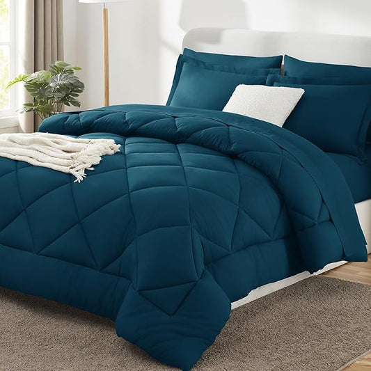 CozyLux Full Size Comforter Sets Lyons Blue - 7 Pieces Bed in a Bag Full, Luxury Soft Bed Set for All Seasons, Bedding Set with Down Alternative Comforter, Sheets, Pillowcases & Shams