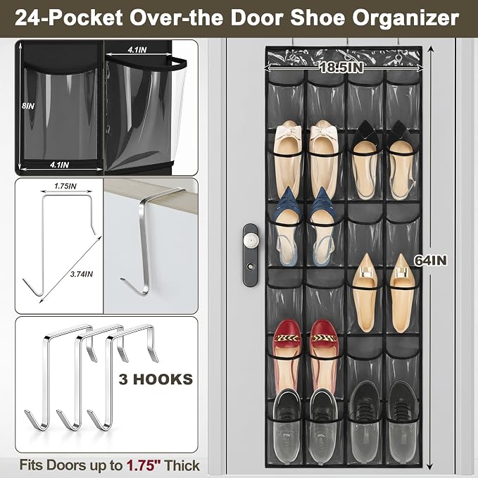 Over the Door Shoe Organizer - Space Saving Shoe Rack for Closet Door with 24 Crystal Clear Pockets and Metal Hooks, Shoe Holder Back of Door Organizers for Shoes, Hanging Shoe Organizer (Black) - Image 4