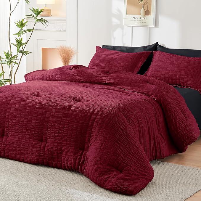 HYMOKEGE Red & Black Full Size Comforter Sets Seersucker 7 Pieces, All Season Luxury Bed in a Bag for Bedroom, Bedding Set with Comforters, Sheets, Pillowcases & Shams