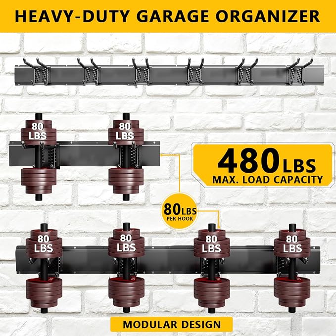 Garage Tool Organizer Wall Mount, 48inch Heavy-Duty Garage Storage System and Garden Tool Organizer with 6 Adjustable Double Hooks for Shovel, Snowboard, Yard Tools and Shed - Image 2