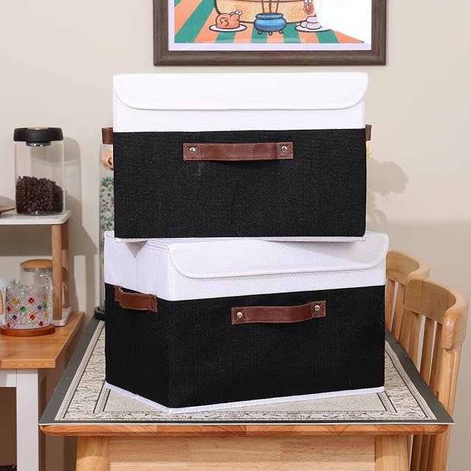 ANMINY 2PCS Storage Boxes with Lid Washable Decorative Storage Bins Basket with PU Leather Handle Foldable Linen Fabric Storage Cubes Containers for Home Closet Organizer - Black White, Large Size - Image 6