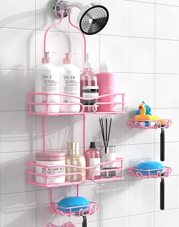 DAOYA Over the Shower Head Caddy Pink - Shower Caddy Hanging with 3 Soap Holders, Stainless Steel Bathroom Organizer and Storage, Rustproof by DAOYA