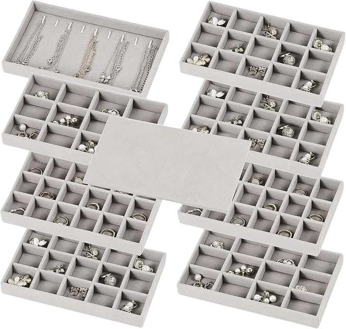 Set of 8 Stackable Jewelry Organizer Trays with 1 Lid for Drawer & Dresser Organizer, Adjustable Velvet Jewelry Box Tray Earring Organizer Necklace Storage Ring Bracelet Display Case (Gray) by Fordonral